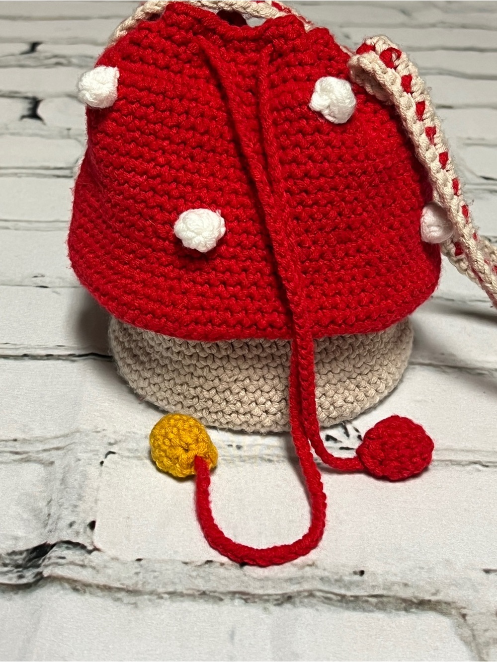Handmade Red Mushroom Knit Drawstring Crossbody